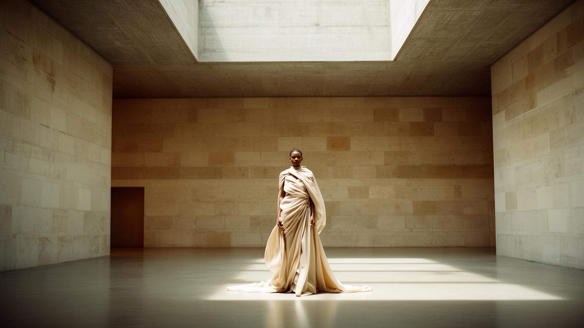 A draped figure in a vast minimalist gallery — Domain Galleria